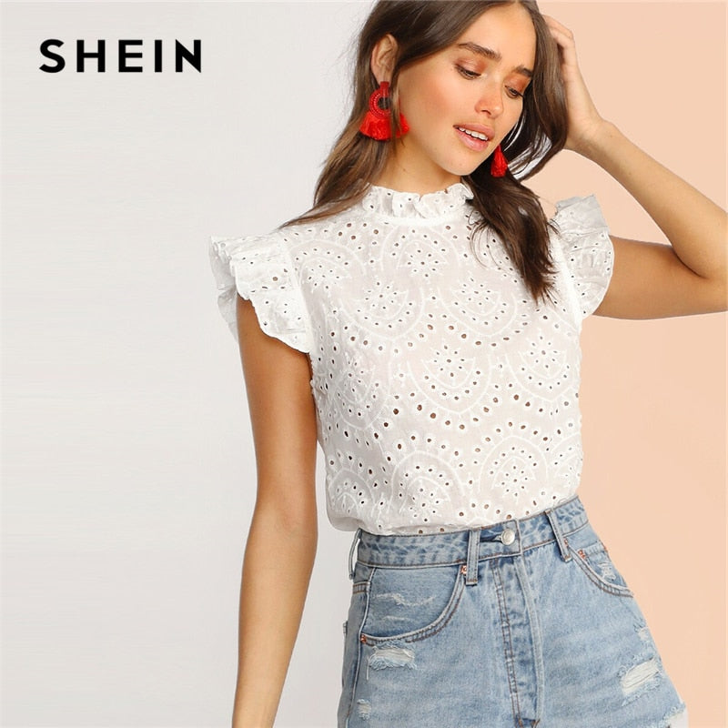 SHEIN Mock-Neck Ruffle Trim Embroidery Eyelet Top Boho White Pink