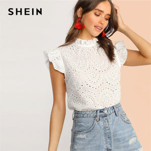 SHEIN Mock-Neck Ruffle Trim Embroidery Eyelet Top Boho White Pink