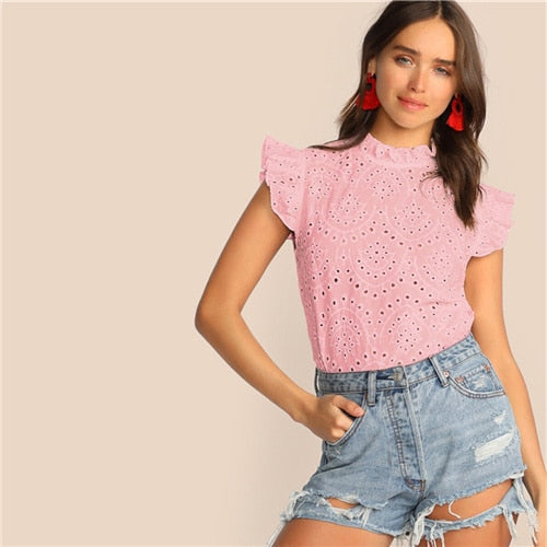 SHEIN Mock-Neck Ruffle Trim Embroidery Eyelet Top Boho White Pink