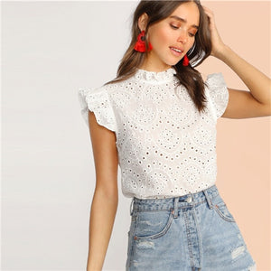 SHEIN Mock-Neck Ruffle Trim Embroidery Eyelet Top Boho White Pink