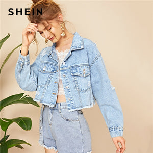 SHEIN Blue Ripped Frayed Edge Flakes Crop Denim Jeans Jacket Women Spring Autumn Single Breasted Casual Outwear Coat Jackets