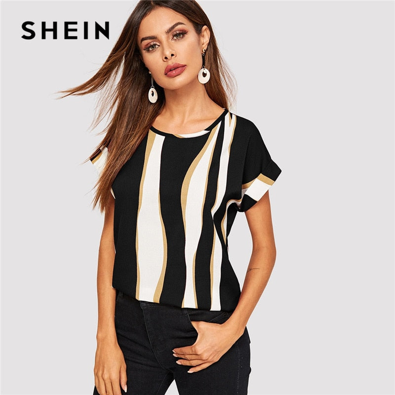 SHEIN Cuffed Sleeve Color Block Top 2019 Elegant Round Neck Roll Up