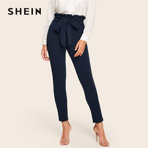 SHEIN Elegant Paperbag Waist Belted Detail Solid High Waist Pants Women Skinny Frill Trim Elastic Waist Spring Summer Pants